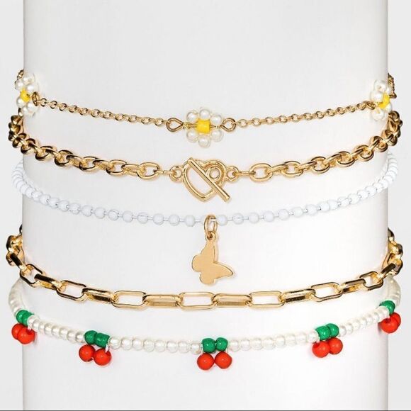Butterfly Flower & Cherry Beaded Chain Choker Set 5pc - Picture 1 of 3